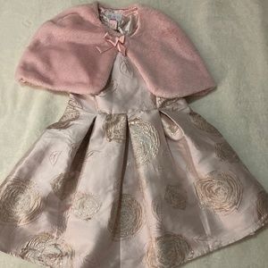 Children’s Place set rose gold pale pink dress 14 + baby faux fur shawlt 14